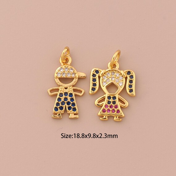 18K Gold Character Charms,CZ Pave Girl Charms Pendants,Boy Charm for DIY Jewelry Making Supply