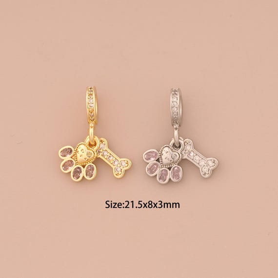 18K Gold Animal Foot Charms,CZ Pave Bone Charms Pendants,Animal Foot Charm for DIY Jewelry Making Supply