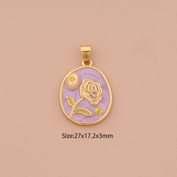 18K Gold Rose Charms,Round Charms Pendants,Enamel Flower Charm for DIY Jewelry Making Supply
