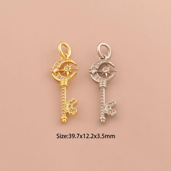 18K Gold Moon Star Charms,Celestial Charms Pendants,CZ Pave Key Charm for DIY Jewelry Making Supply