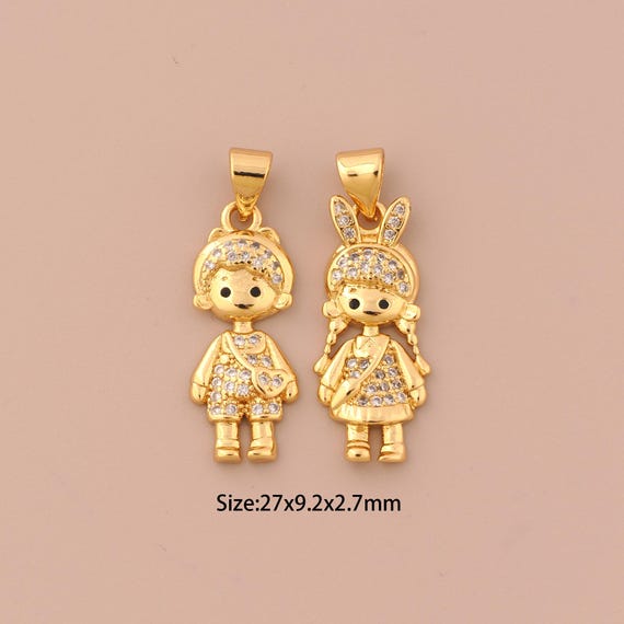 18K Gold Character Charms,CZ Pave Girl Charms Pendants,Boy Charm for DIY Jewelry Making Supply