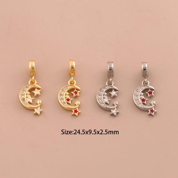 18K Gold Moon Charms,CZ Pave Celestial Charms Pendants,Enamel Star Charm for DIY Jewelry Making Supply