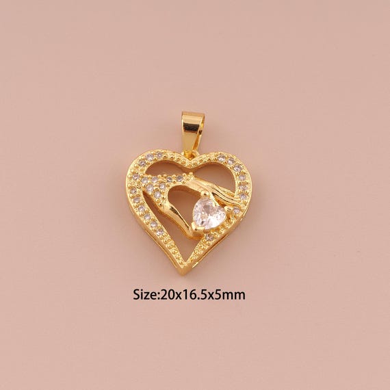18K Gold Heart Charms,CZ Pave Minimalist Charms Pendants,Hand Charm for DIY Jewelry Making Supply