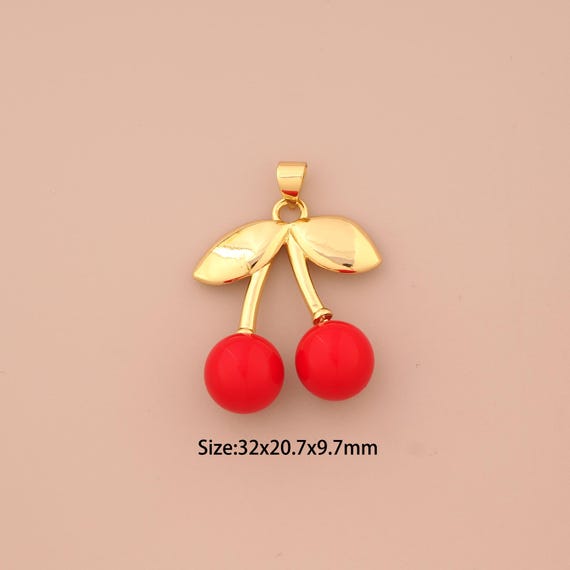 18K Gold Cherry Charms,Enamel Fruit Charms Pendants,Cherry Charm for DIY Jewelry Making Supply