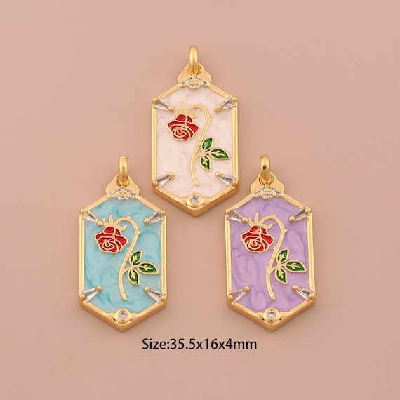 18K Gold Red Rose Charms,CZ Pave Flower Charms Pendants,Enamel Rhombus Charm for DIY Jewelry Making Supply