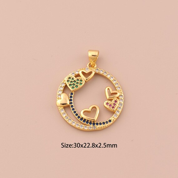18K Gold Heart Charms,CZ Pave Round Charms Pendants,Heart Charm for DIY Jewelry Making Supply