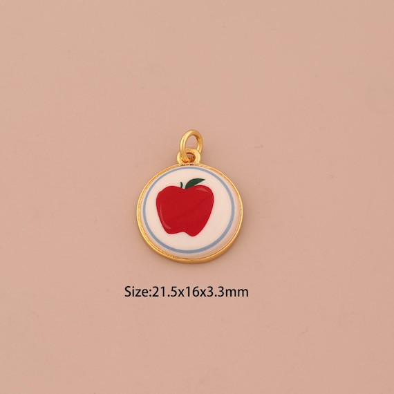 18K Gold Apple Charms,Enamel Fruit Charms Pendants,Round Charm for DIY Jewelry Making Supply