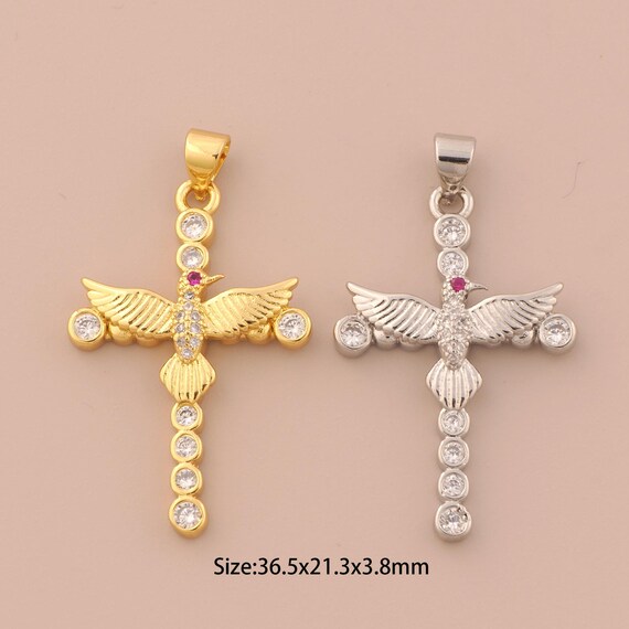 18K Gold Cross Charms,CZ Pave Bird Charms Pendants,Religion Charm for DIY Jewelry Making Supply