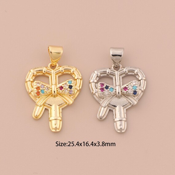 18K Gold Heart Charms,CZ Pave Bow Charms Pendants,Heart Charm for DIY Jewelry Making Supply
