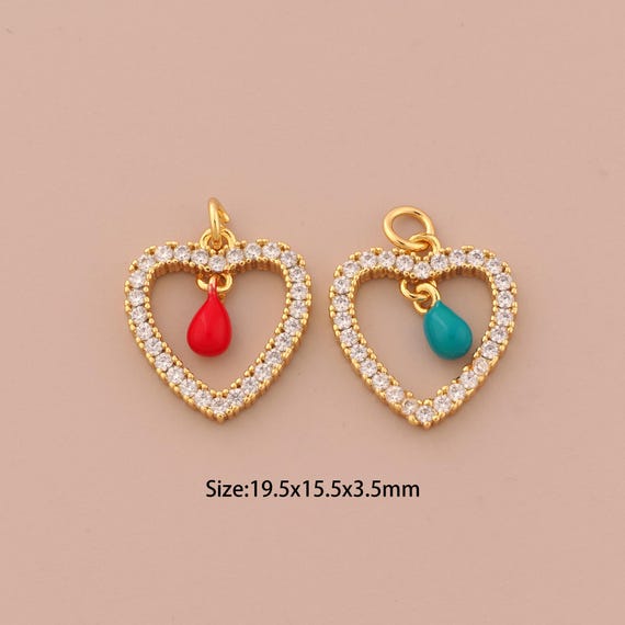 18K Gold Heart Charms,CZ Pave Water Drop Charms Pendants,Enamel Heart Charm for DIY Jewelry Making Supply