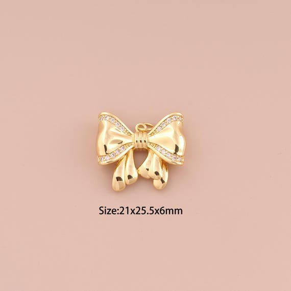 18K Gold Bow Charms,CZ Pave Minimalist Charms Pendants,Bow Charm for DIY Jewelry Making Supply