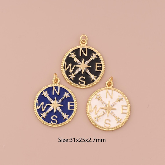 18K Gold Compass Charms,CZ Pave Minimalist Charms Pendants,Enamel Compass Charm for DIY Jewelry Making Supply