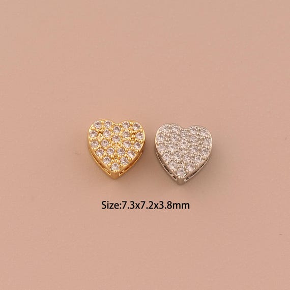 18K Gold Heart Spacer Bead,CZ Pave Minimalist Bead,Heart Bead for DIY Jewelry Making Supply