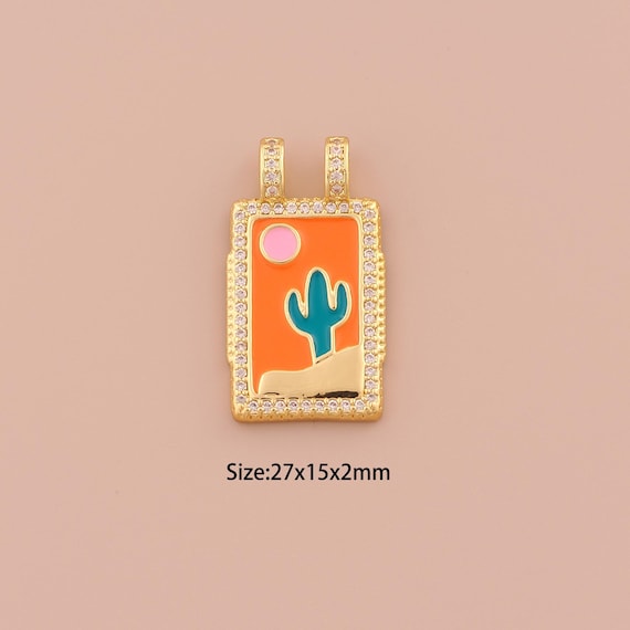 18K Gold Cactus Charms,CZ Pave Minimalist Charms Pendants,Enamel Cactus Charm for DIY Jewelry Making Supply