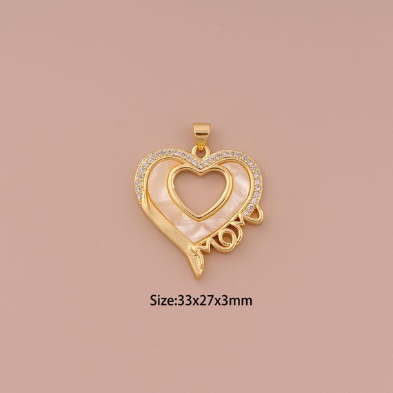 18K Gold Heart Charms,CZ Pave Minimalist Charms Pendants,Fritillary MOM Charm for DIY Jewelry Making Supply