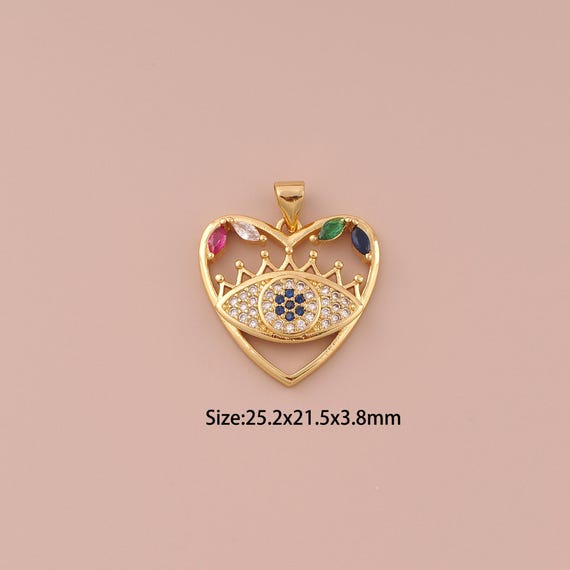 18K Gold Heart Charms,CZ Pave Minimalist Charms Pendants,Evil Eye Charm for DIY Jewelry Making Supply
