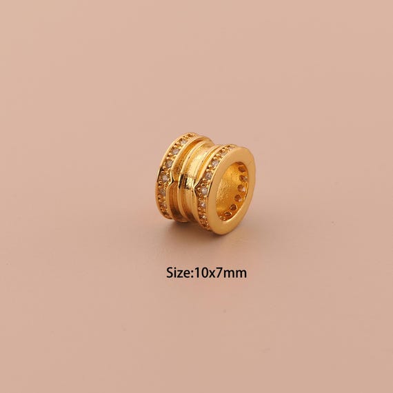 18K Gold Tube Spacer Bead,CZ Pave Minimalist Bead,Large Hole Bead for DIY Jewelry Making Supply