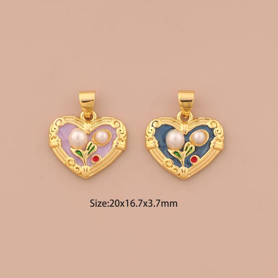 18K Gold Heart Charms,Flower Charms Pendants,Enamel Love Charm for DIY Jewelry Making Supply