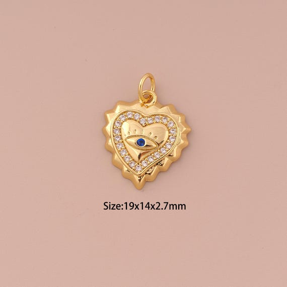18K Gold Heart Charms,CZ Pave Minimalist Charms Pendants,Evil Eye Charm for DIY Jewelry Making Supply