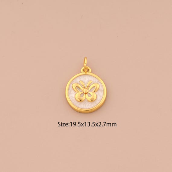 18K Gold Butterfly Charms,Enamel Insect Charms Pendants,Round Charm for DIY Jewelry Making Supply
