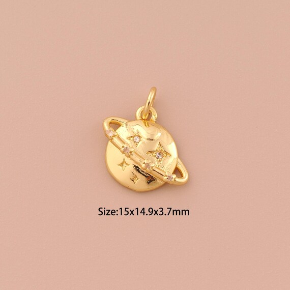 18K Gold Saturn Charms,CZ Pave Minimalist Charms Pendants,Saturn Charm for DIY Jewelry Making Supply