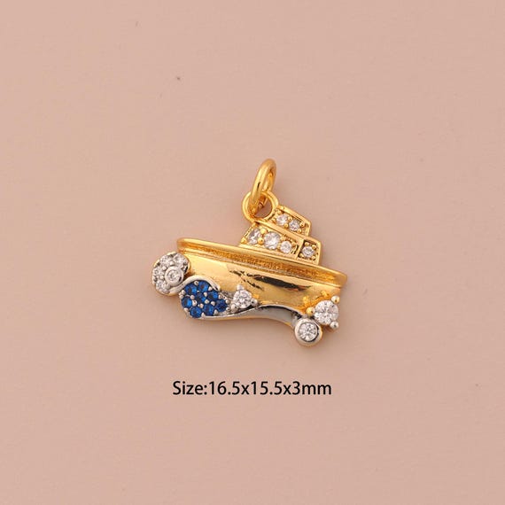 18K Gold Ship Charms,CZ Pave Ship Charms Pendants,Ship Charm for DIY Jewelry Making Supply