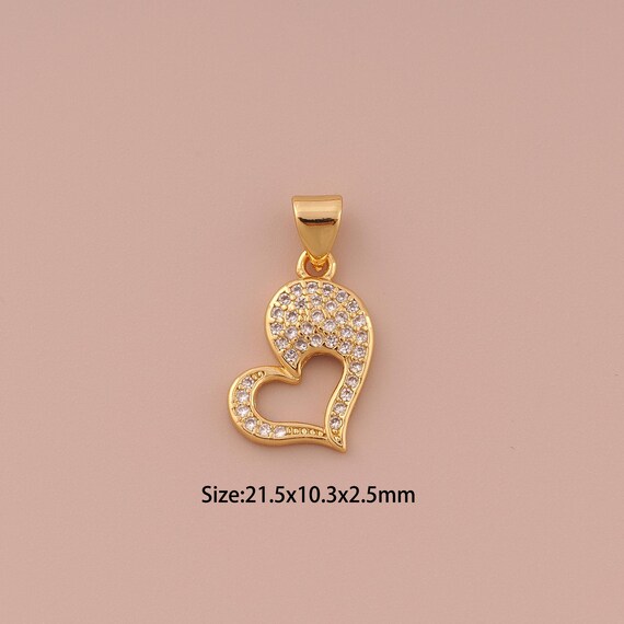 18K Gold Heart Charms,CZ Pave Minimalist Charms Pendants,Heart Charm for DIY Jewelry Making Supply