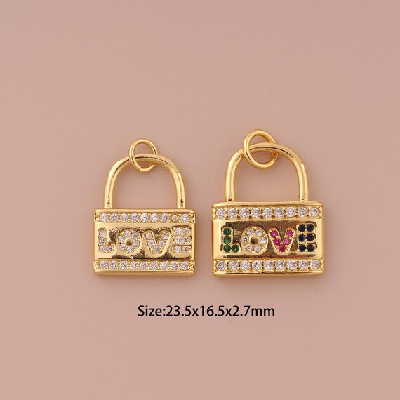 18K Gold Lock Charms,CZ Pave Minimalist Charms Pendants,LOVE Charm for DIY Jewelry Making Supply