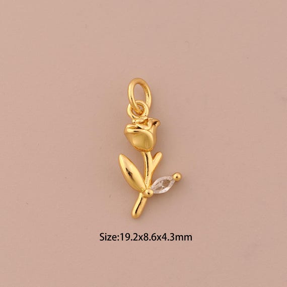 18K Gold Flower Charms,CZ Pave Plant Charms Pendants,Flower Charm for DIY Jewelry Making Supply