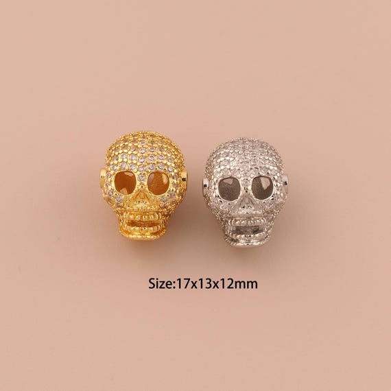 18K Gold Skull Spacer Bead,CZ Pave Minimalist Bead,Skull Bead for DIY Jewelry Making Supply