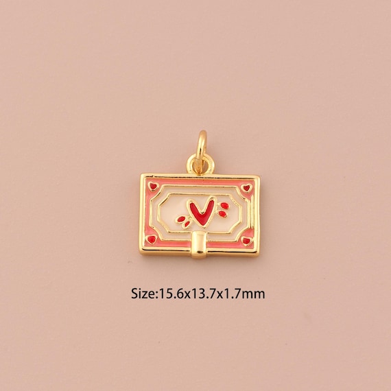 18K Gold Postcard Charms,Square Charms Pendants,Enamel Heart Charm for DIY Jewelry Making Supply