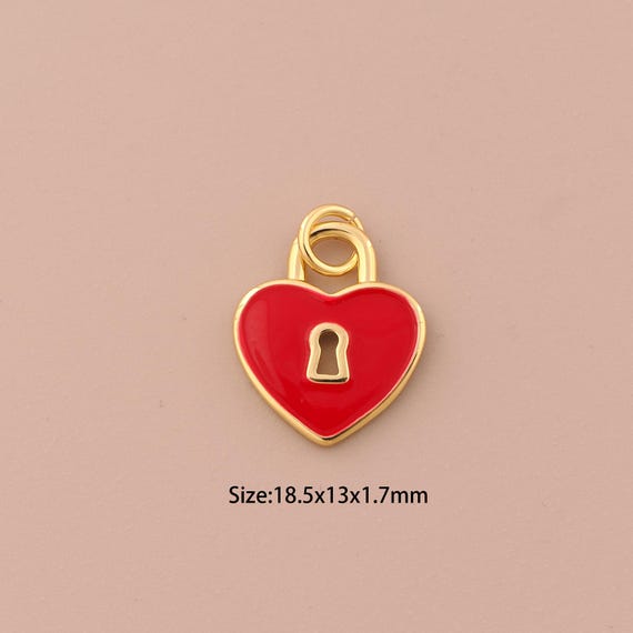 18K Gold Heart Charms,Enamel Lock Charms Pendants,Lock Charm for DIY Jewelry Making Supply