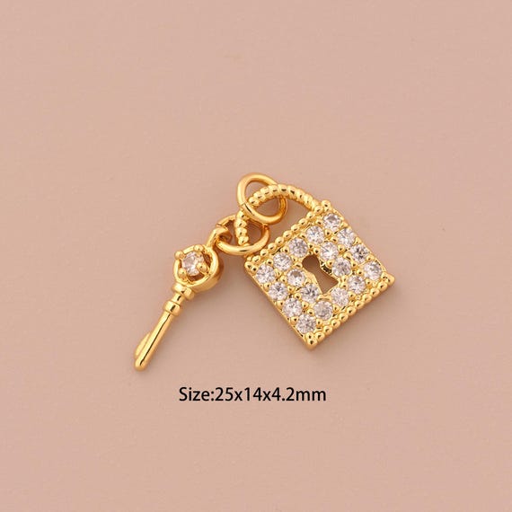18K Gold Key Charms,CZ Pave Lock Charms Pendants,Key Charm for DIY Jewelry Making Supply