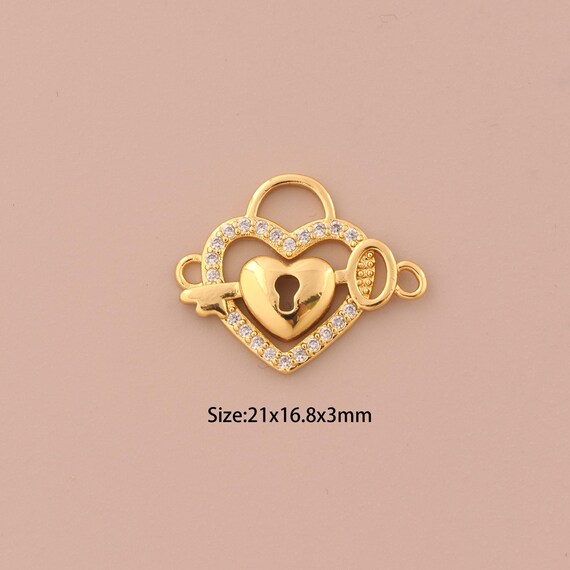 18K Gold Heart Connector,CZ Pave Lock Connector Charms,Key Connector for DIY Jewelry Making Supply