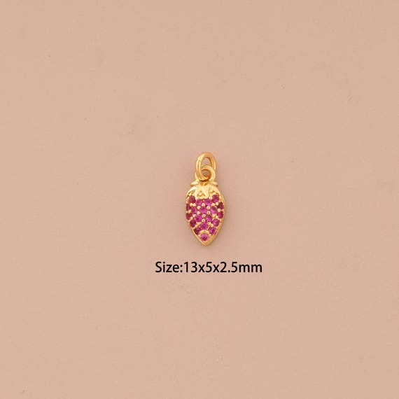 18K Gold Strawberry Charms,CZ Pave Fruit Charms Pendants,Strawberry Charm for DIY Jewelry Making Supply