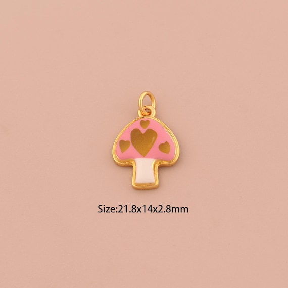 18K Gold Mushroom Charms,Enamel Heart Charms Pendants,Mushroom Charm for DIY Jewelry Making Supply