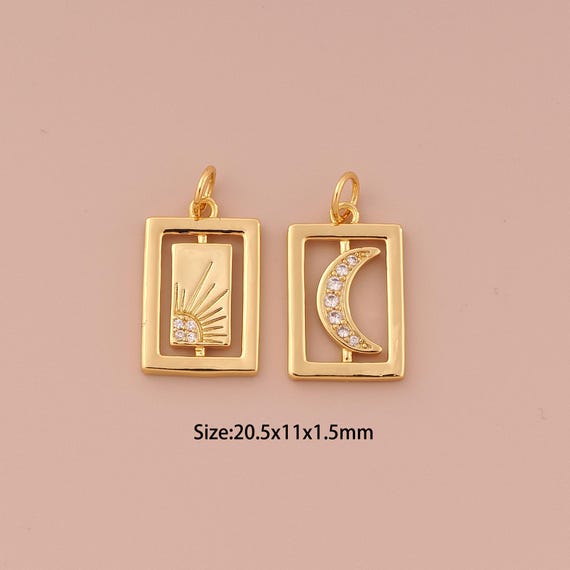 18K Gold Sun Charms,CZ Pave Square Charms Pendants,Moon Charm for DIY Jewelry Making Supply