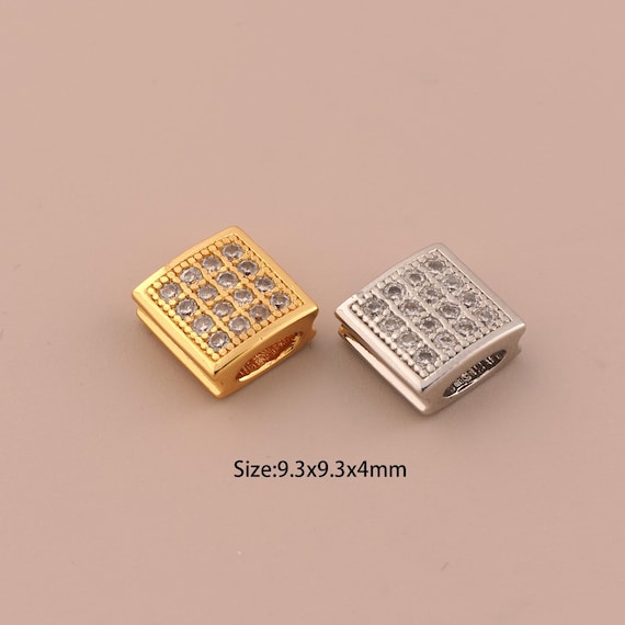 18K Gold Square Spacer Bead,CZ Pave Flag Bead,Square Bead for DIY Jewelry Making Supply