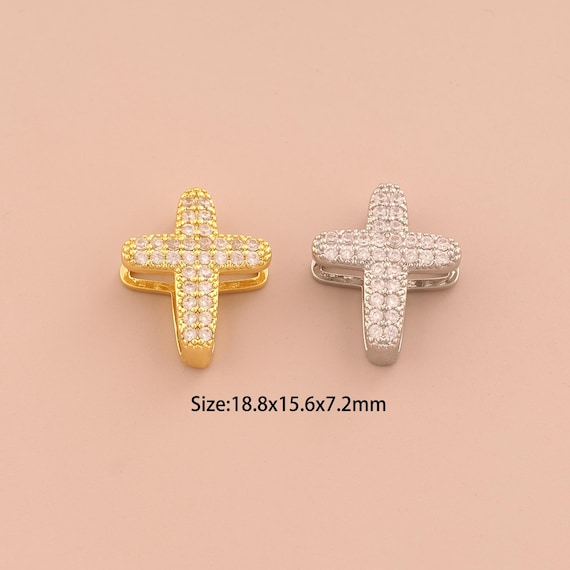 18K Gold Cross Spacer Bead,CZ Pave Religious Bead,Christian Bead for DIY Jewelry Making Supply