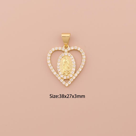 18K Gold Virgin Mary Charms,CZ Pave Minimalist Charms Pendants,Heart Charm for DIY Jewelry Making Supply