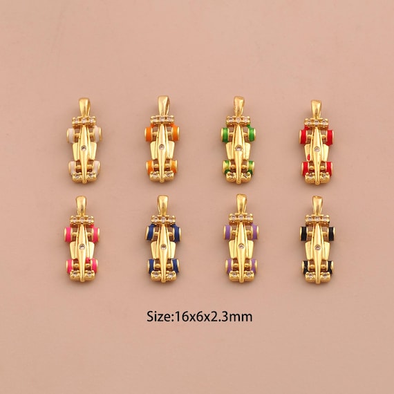 18K Gold Racing Charms,CZ Pave F1 Racing Charms Pendants,Enamel Racing Charm for DIY Jewelry Making Supply