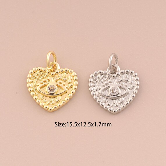 18K Gold Heart Charms,CZ Pave Devil Eye Charms Pendants,Evil Eye Charm for DIY Jewelry Making Supply