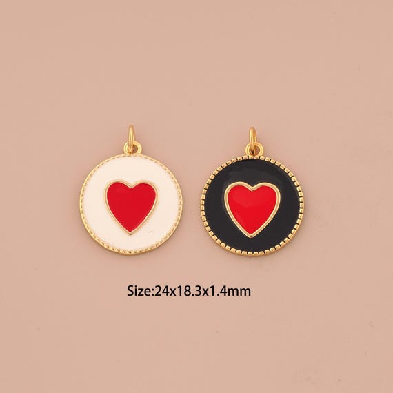 18K Gold Heart Charms,Enamel Love Charms Pendants,Round Charm for DIY Jewelry Making Supply