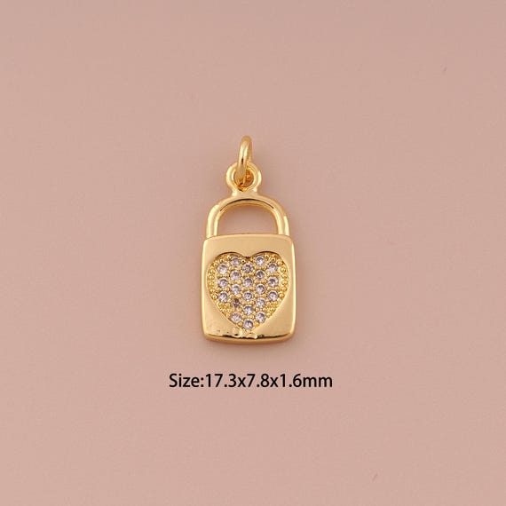 18K Gold Lock Charms,CZ Pave Minimalist Charms Pendants,Heart Charm for DIY Jewelry Making Supply
