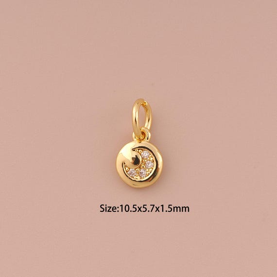18K Gold Round Charms,CZ Pave Minimalist Charms Pendants,Moon Charm for DIY Jewelry Making Supply