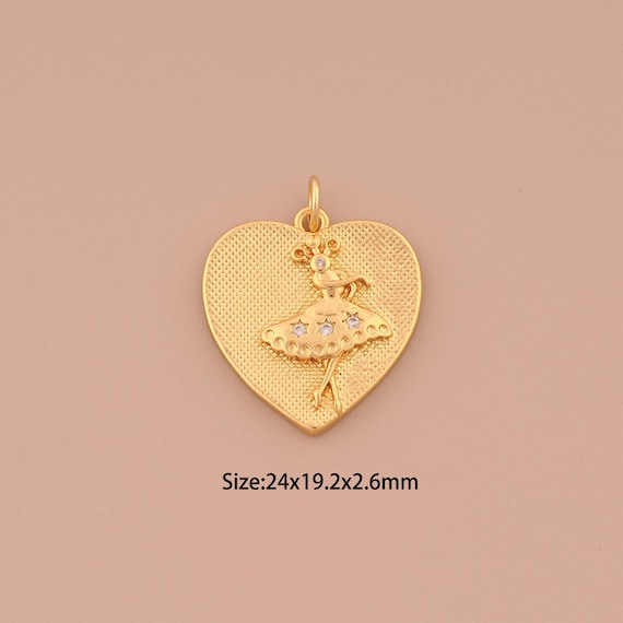 18K Gold Heart Charms,CZ Pave Ballet Charms Pendants,Love Charm for DIY Jewelry Making Supply