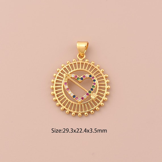 18K Gold Heart Charms,CZ Pave Arrow Charms Pendants,Round Charm for DIY Jewelry Making Supply