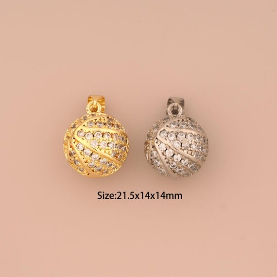 18K Gold Basketball Charms,CZ Pave Ball Charms Pendants,Basketball Charm for DIY Jewelry Making Supply