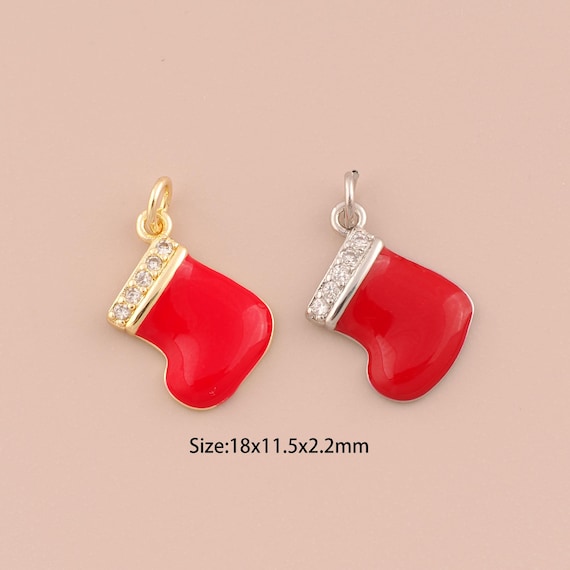 18K Gold Christmas Stocking Charms,CZ Pave Stocking Charms Pendants,Enamel Christmas Charm for DIY Jewelry Making Supply