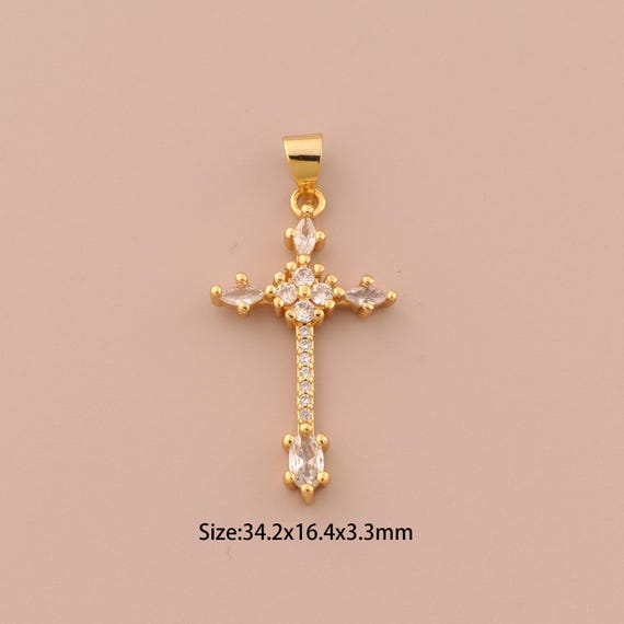 18K Gold Cross Charms,CZ Pave Flower Charms Pendants,Christian Charm for DIY Jewelry Making Supply